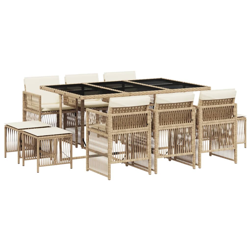 11 Piece Garden Dining Set with Cushions Beige Poly Rattan