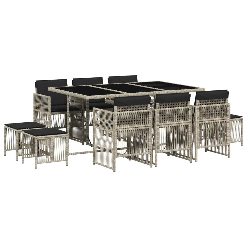 11 Piece Garden Dining Set with Cushions Light Grey Poly Rattan