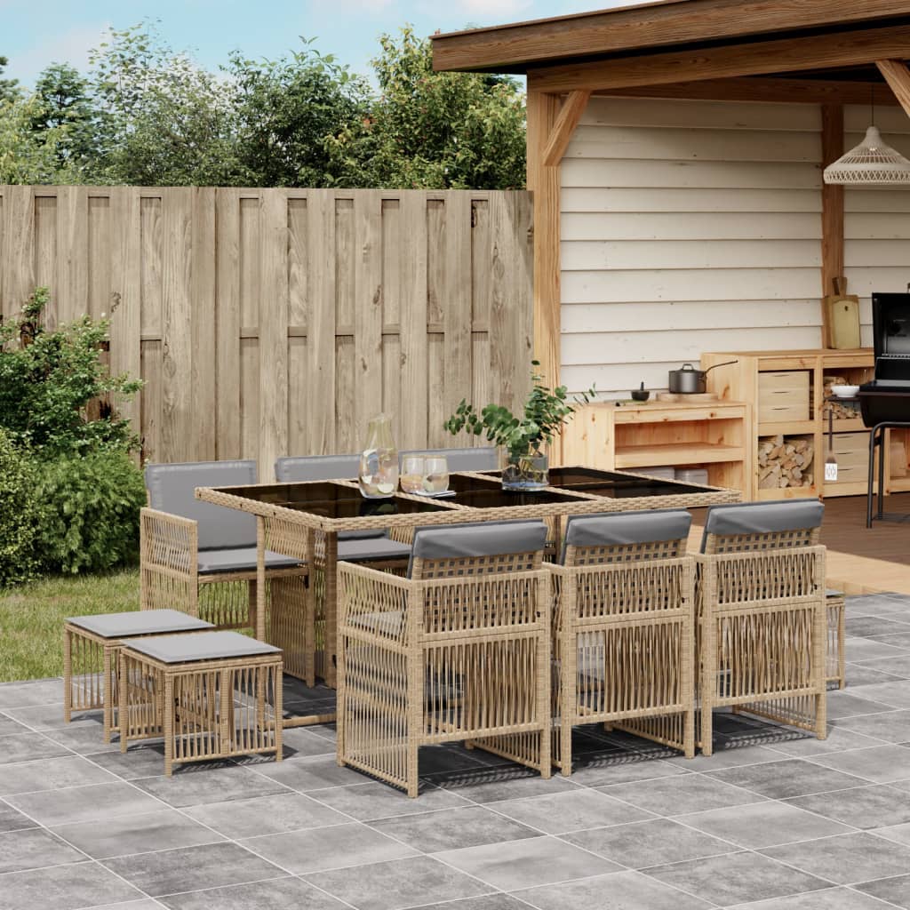 11 Piece Garden Dining Set with Cushions Mix Beige Poly Rattan