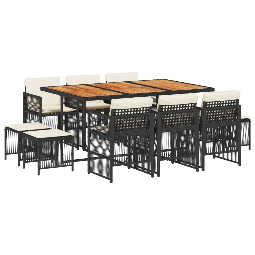 11 Piece Garden Dining Set with Cushions Black Poly Rattan