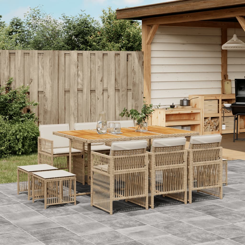 11 Piece Garden Dining Set with Cushions Beige Poly Rattan
