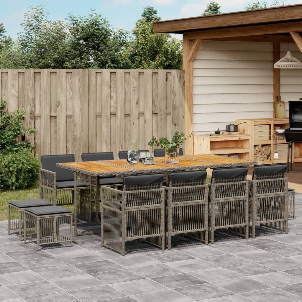 13 Piece Garden Dining Set with Cushions Grey Poly Rattan