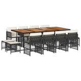 13 Piece Garden Dining Set with Cushions Black Poly Rattan