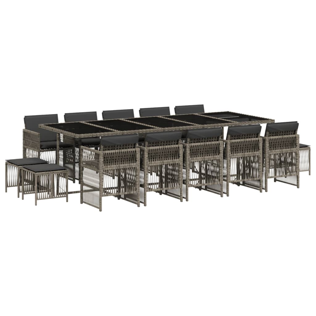 15 Piece Garden Dining Set with Cushions Grey Poly Rattan