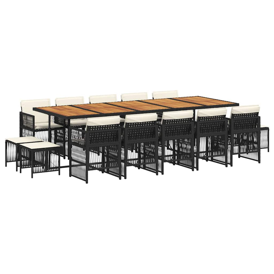 15 Piece Garden Dining Set with Cushions Black Poly Rattan
