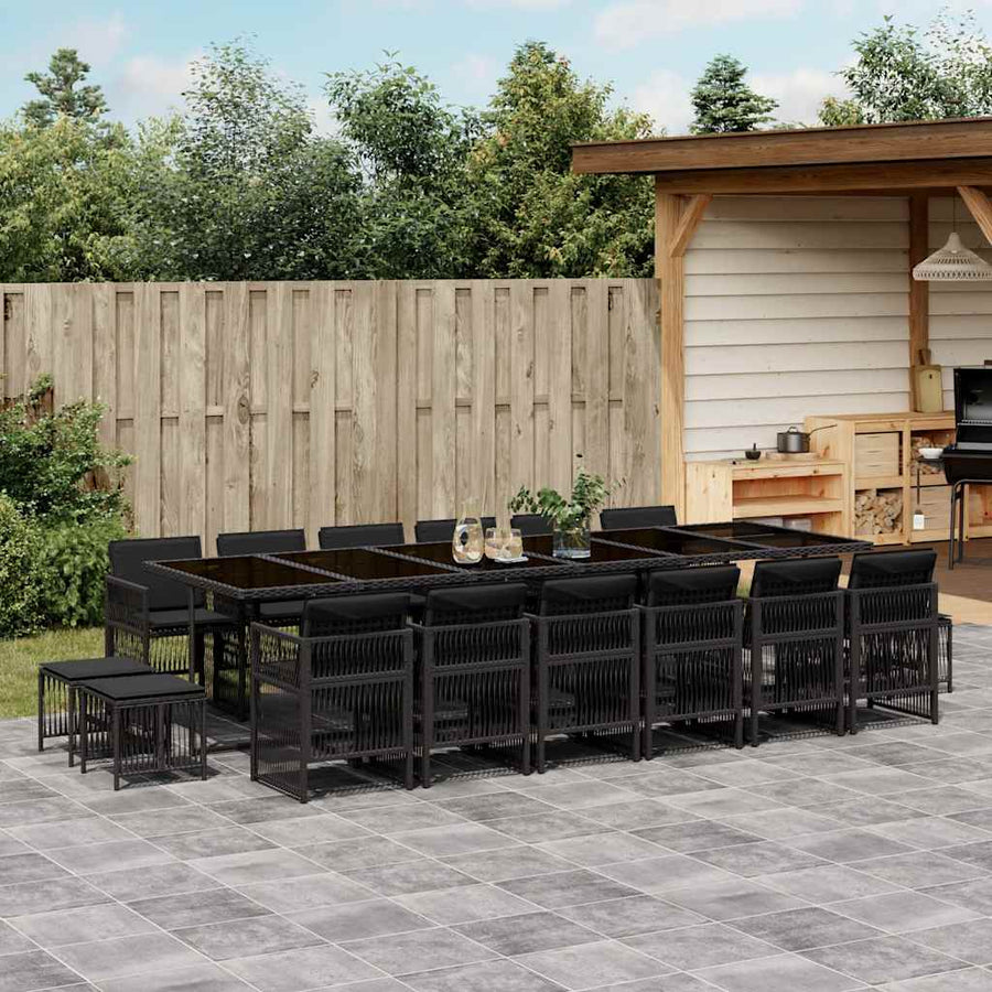 17 Piece Garden Dining Set with Cushions Black Poly Rattan