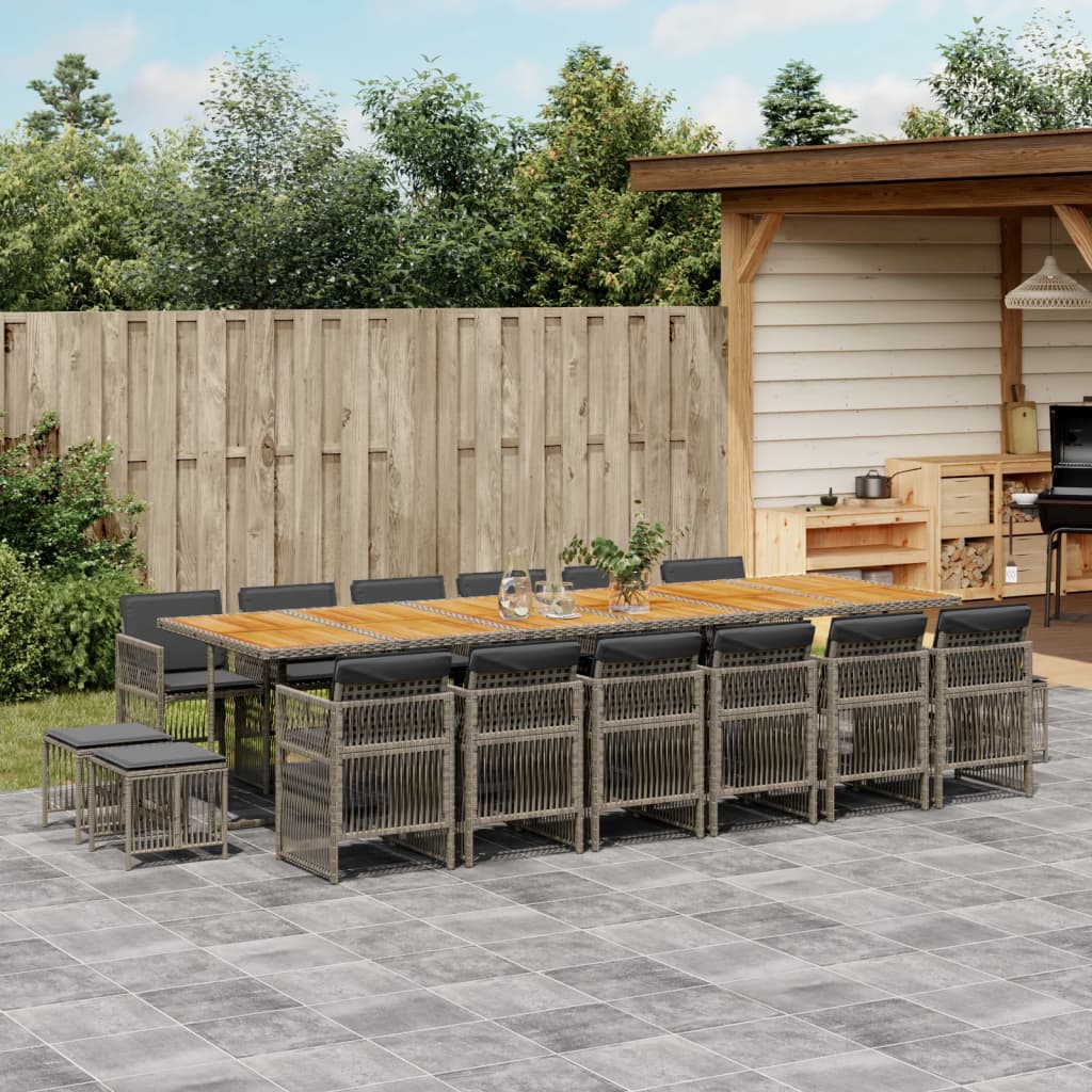 17 Piece Garden Dining Set with Cushions Grey Poly Rattan