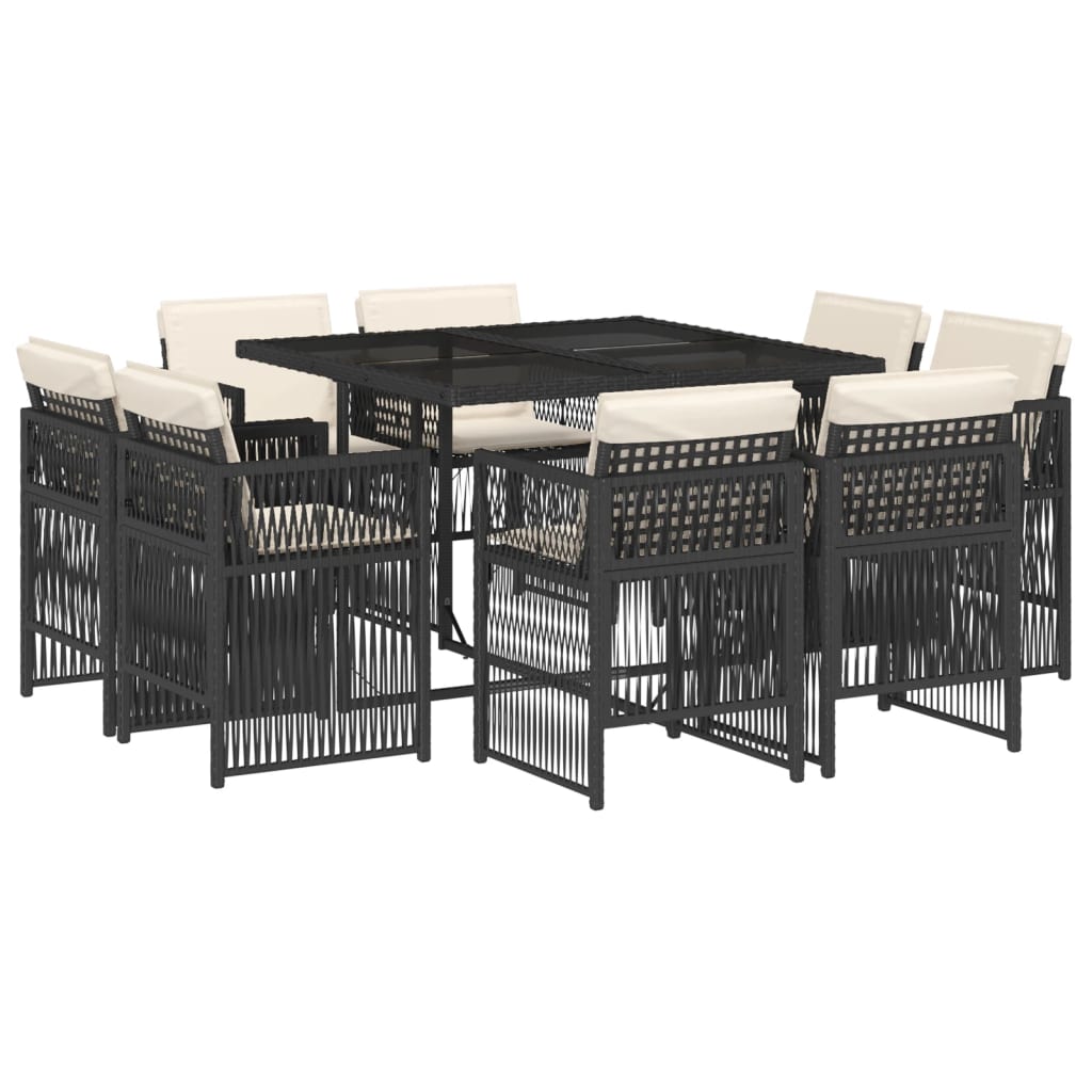 9 Piece Garden Dining Set with Cushions Black Poly Rattan