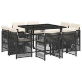 9 Piece Garden Dining Set with Cushions Black Poly Rattan - Front View