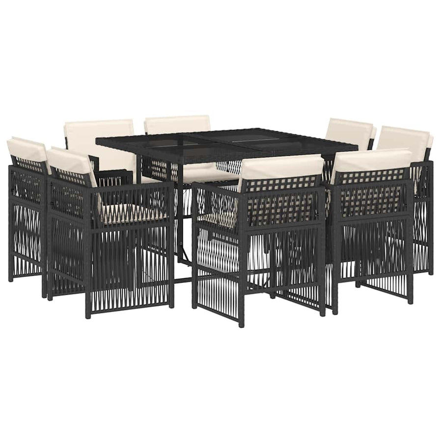 9 Piece Garden Dining Set with Cushions Black Poly Rattan