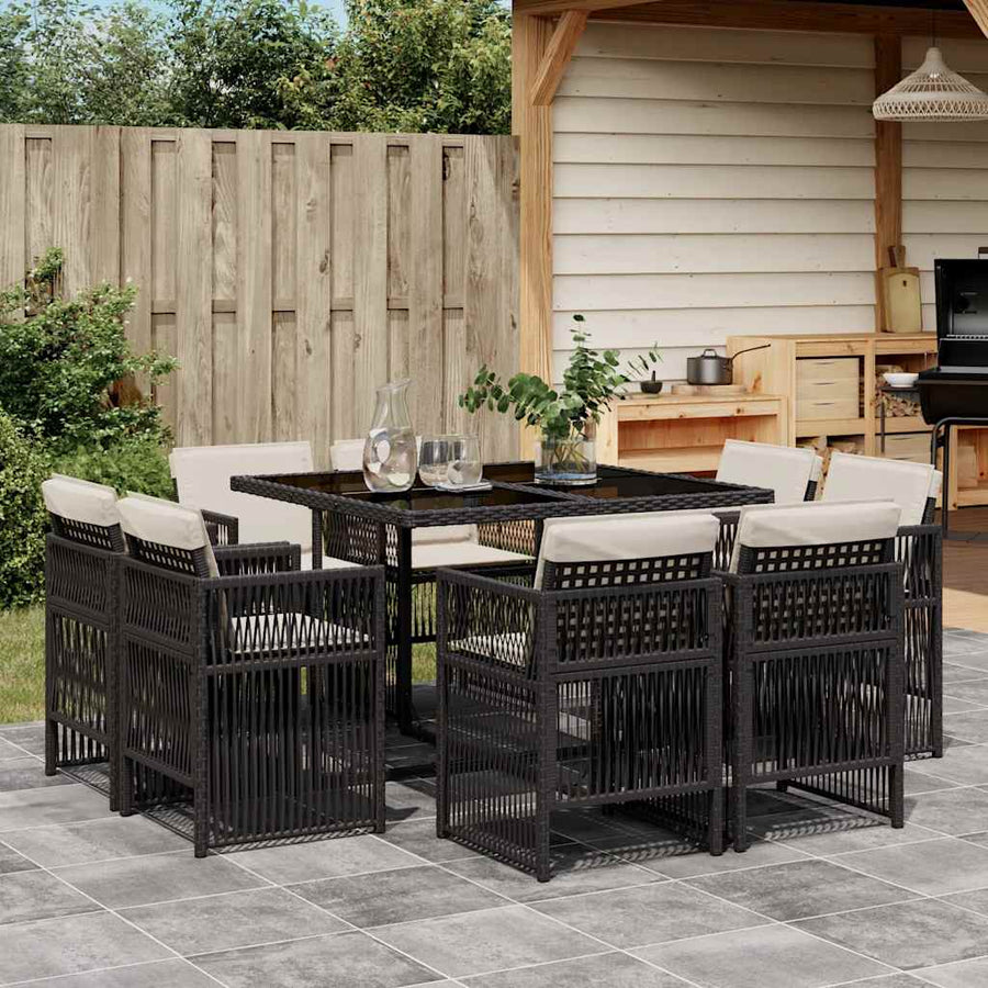 9 Piece Garden Dining Set with Cushions Black Poly Rattan