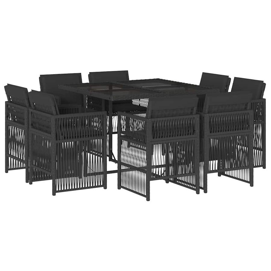 9 Piece Garden Dining Set with Cushions Black Poly Rattan