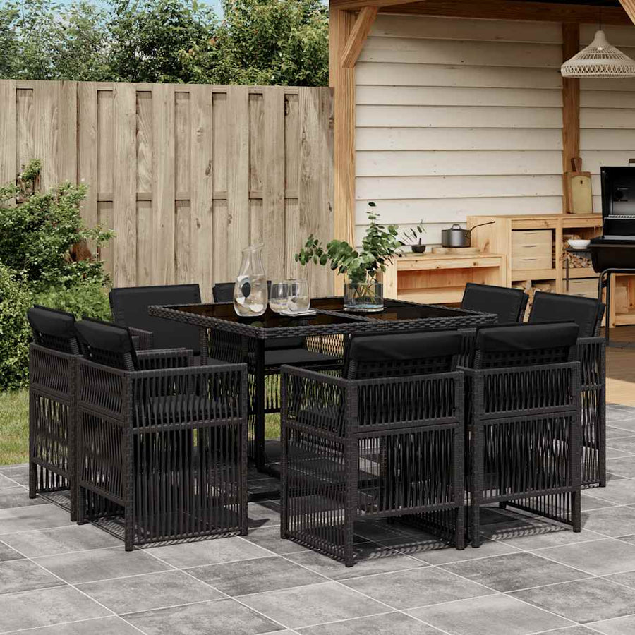 9 Piece Garden Dining Set with Cushions Black Poly Rattan