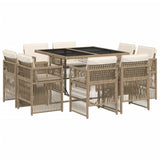 9 Piece Garden Dining Set with Cushions Beige Poly Rattan - Front View