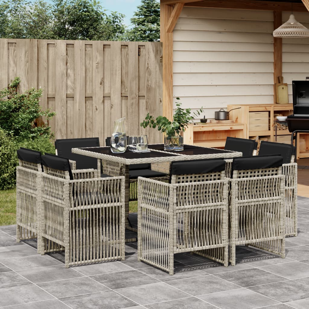 9 Piece Garden Dining Set with Cushions Light Grey Poly Rattan