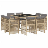 9 Piece Garden Dining Set with Cushions Mix Beige Poly Rattan - Front View
