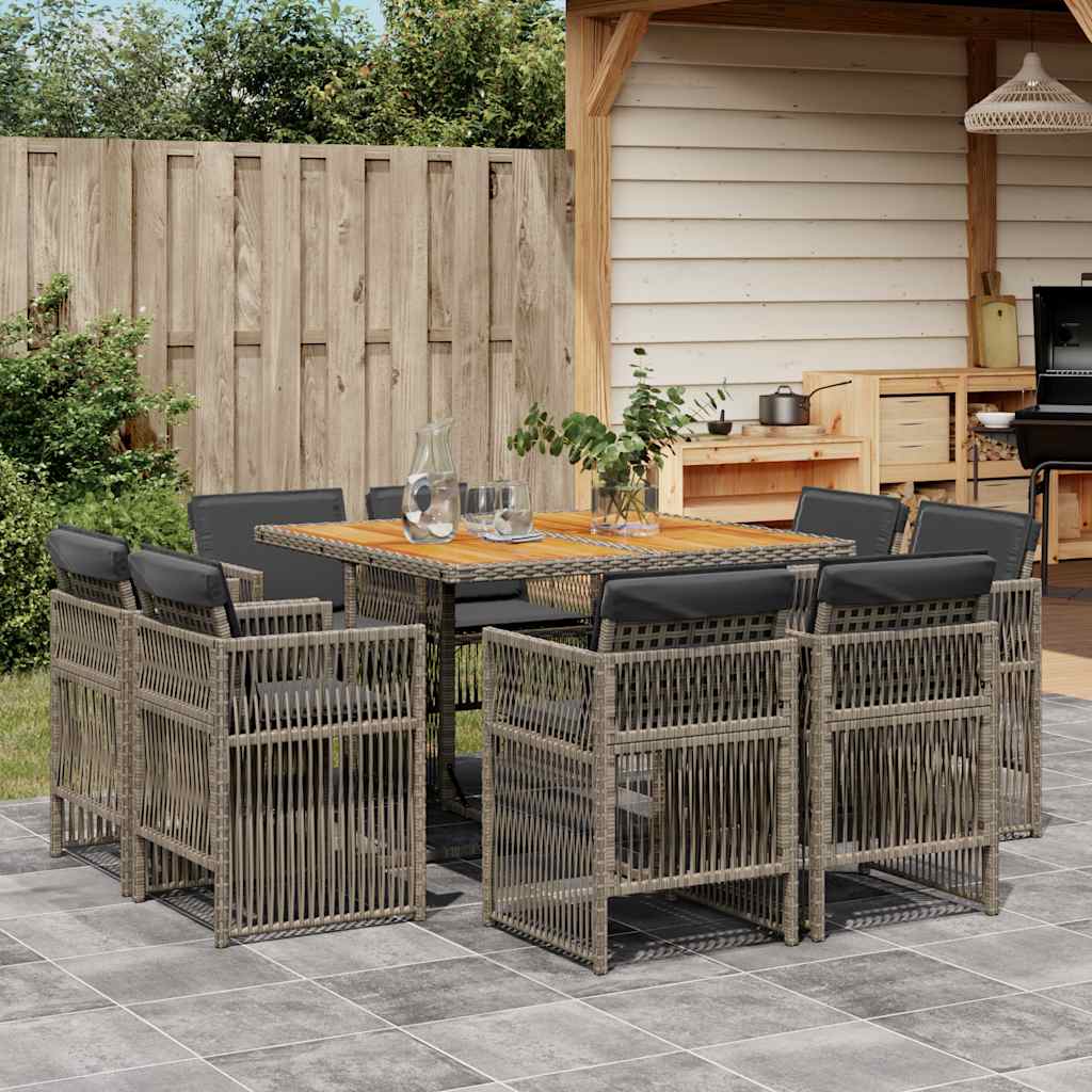 9 Piece Garden Dining Set with Cushions Grey Poly Rattan