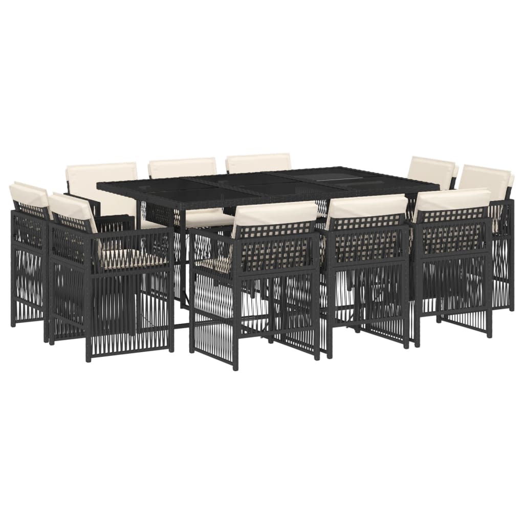 11 Piece Garden Dining Set with Cushions Black Poly Rattan
