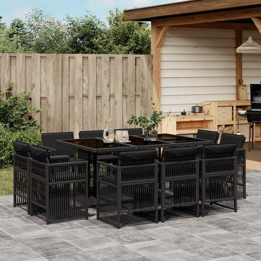 11 Piece Garden Dining Set with Cushions Black Poly Rattan