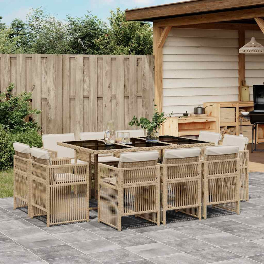 11 Piece Garden Dining Set with Cushions Beige Poly Rattan