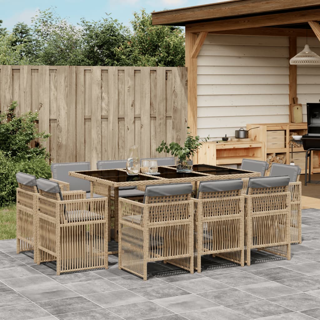 11 Piece Garden Dining Set with Cushions Mix Beige Poly Rattan