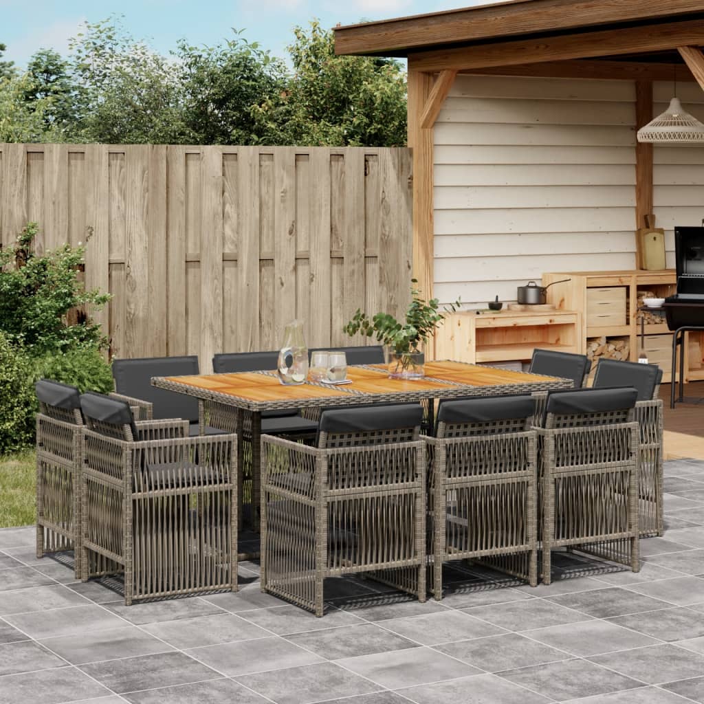 11 Piece Garden Dining Set with Cushions Grey Poly Rattan