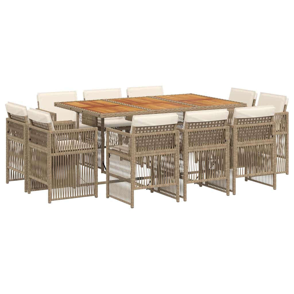 11 Piece Garden Dining Set with Cushions Beige Poly Rattan