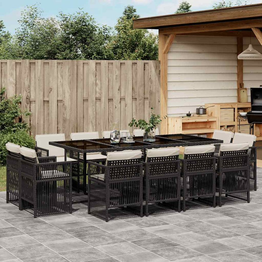 13 Piece Garden Dining Set with Cushions Black Poly Rattan