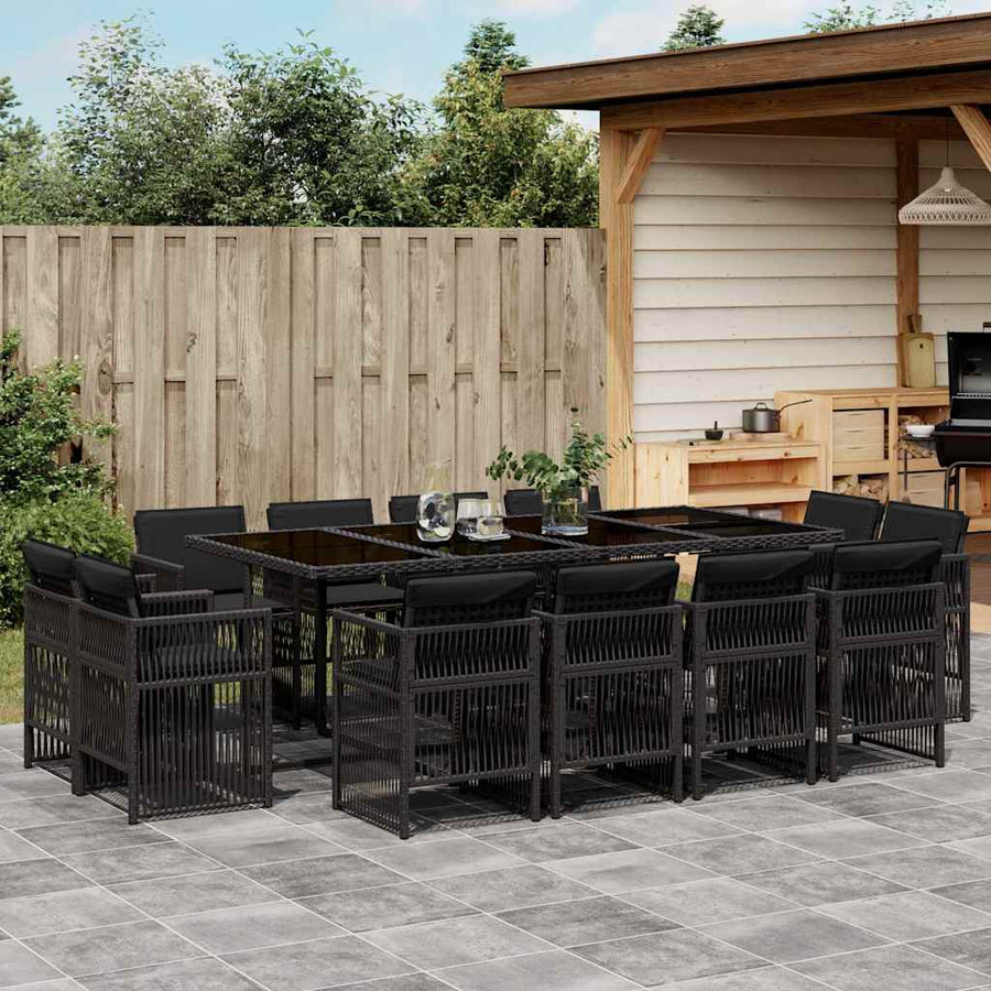 13 Piece Garden Dining Set with Cushions Black Poly Rattan