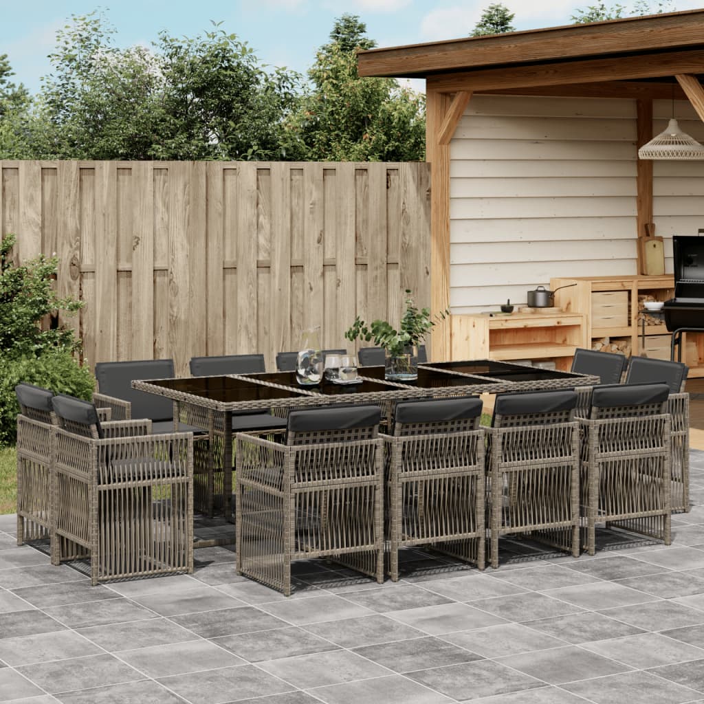 13 Piece Garden Dining Set with Cushions Grey Poly Rattan