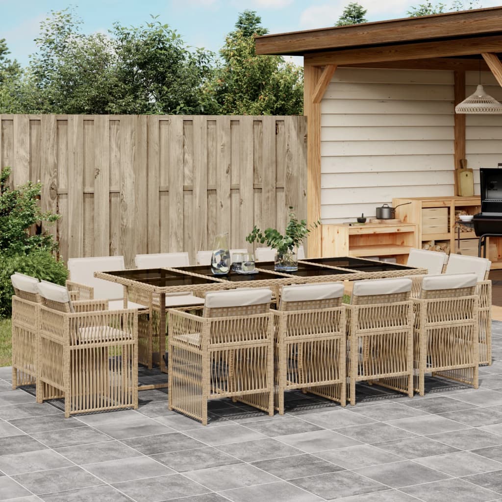 13 Piece Garden Dining Set with Cushions Beige Poly Rattan