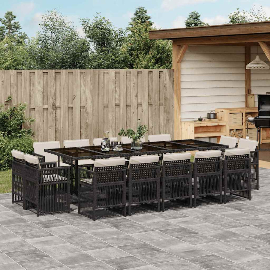 15 Piece Garden Dining Set with Cushions Black Poly Rattan