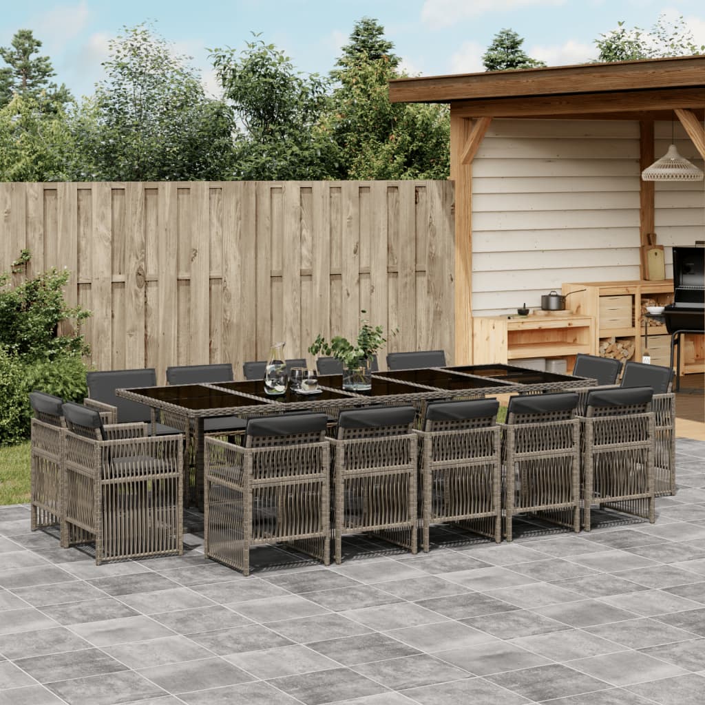 15 Piece Garden Dining Set with Cushions Grey Poly Rattan