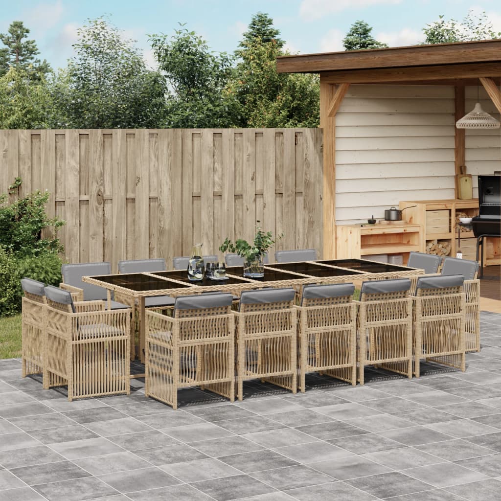 15 Piece Garden Dining Set with Cushions Mix Beige Poly Rattan