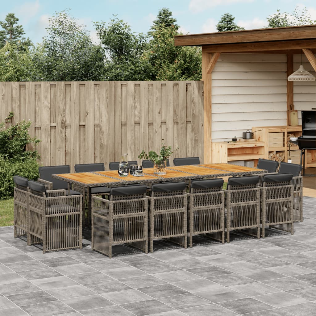15 Piece Garden Dining Set with Cushions Grey Poly Rattan