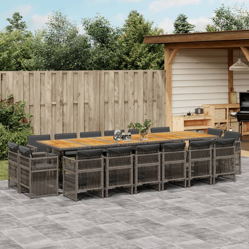 17 Piece Garden Dining Set with Cushions Grey Poly Rattan