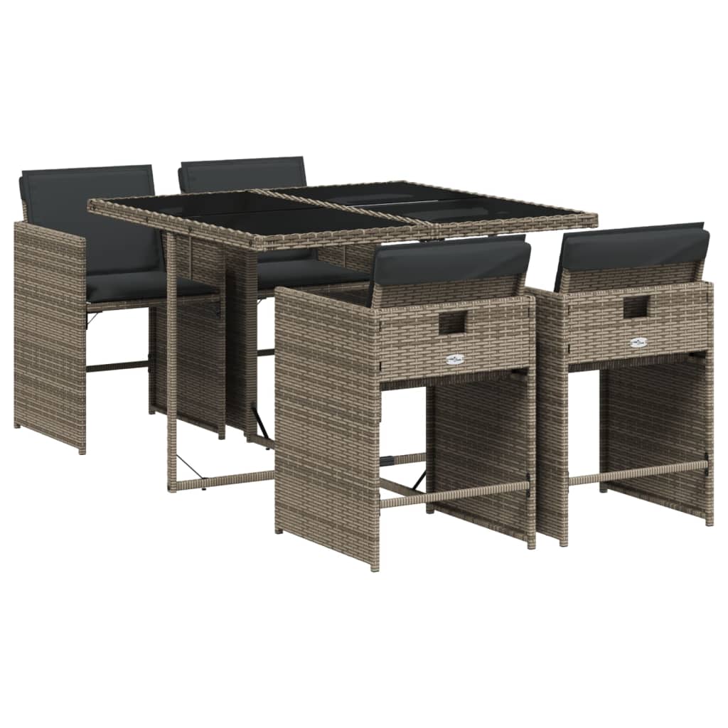 5 Piece Garden Dining Set with Cushions Grey Poly Rattan
