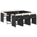 7 Piece Garden Dining Set with Cushions Black Poly Rattan - Front View
