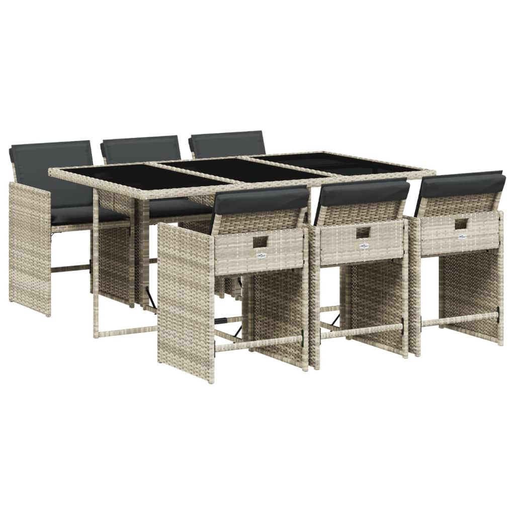 7 Piece Garden Dining Set with Cushions Light Grey Poly Rattan