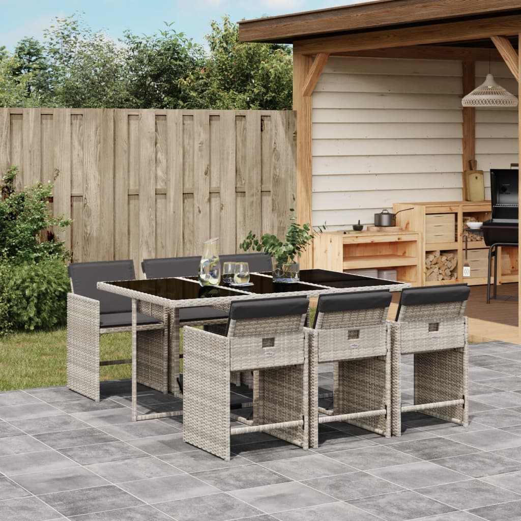 7 Piece Garden Dining Set with Cushions Light Grey Poly Rattan