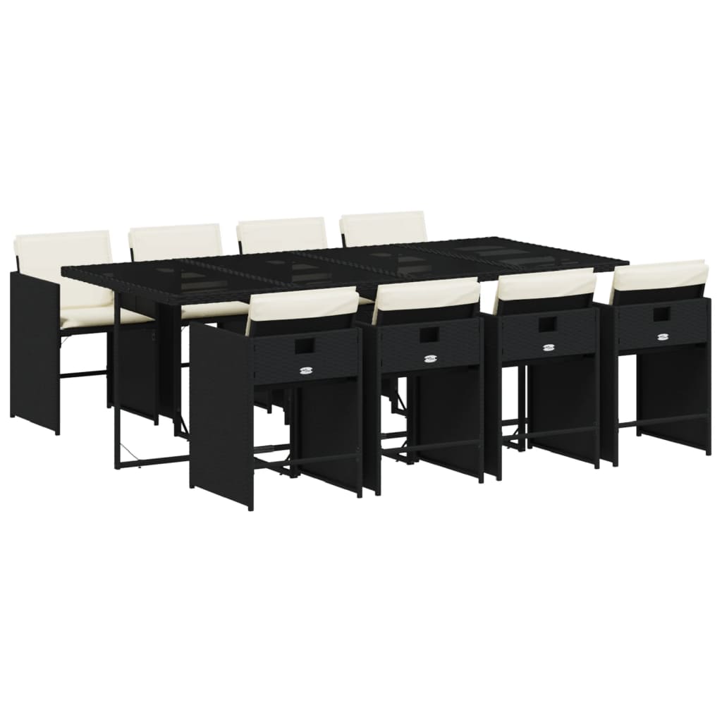 9 Piece Garden Dining Set with Cushions Black Poly Rattan