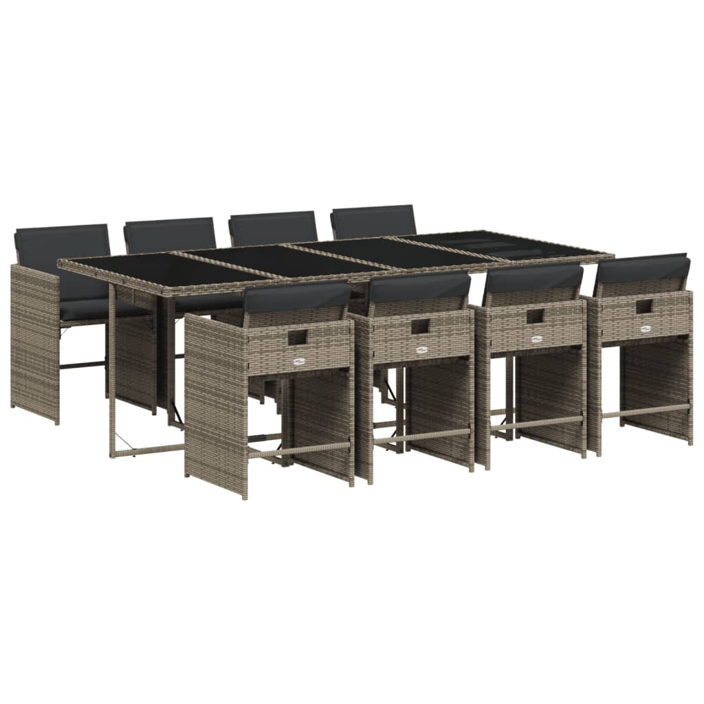 9 Piece Garden Dining Set with Cushions Grey Poly Rattan