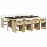 9 Piece Garden Dining Set with Cushions Beige Poly Rattan - Front View