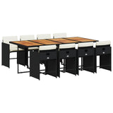 9 Piece Garden Dining Set with Cushions Black Poly Rattan - Front View
