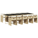 11 Piece Garden Dining Set with Cushions Beige Poly Rattan