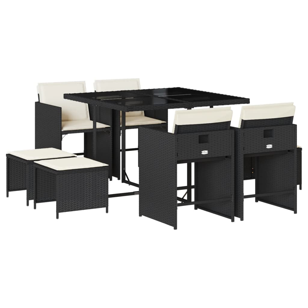 9 Piece Garden Dining Set with Cushions Black Poly Rattan