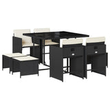 9 Piece Garden Dining Set with Cushions Black Poly Rattan - Front View