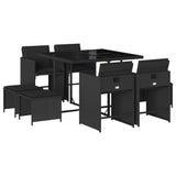 9 Piece Garden Dining Set with Cushions Black Poly Rattan - Front View