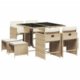 9 Piece Garden Dining Set with Cushions Beige Poly Rattan - Front View