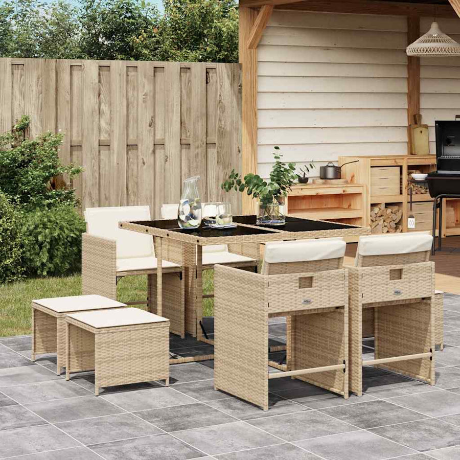 9 Piece Garden Dining Set with Cushions Beige Poly Rattan